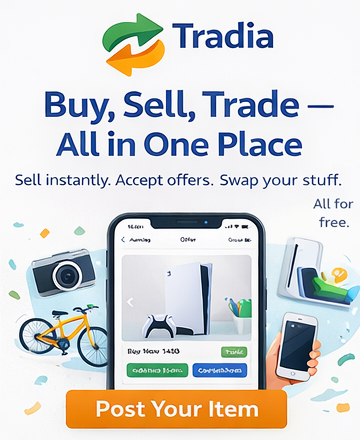 Tradia square banner with phone marketplace interface